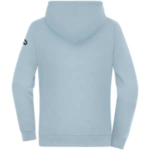A light blue ladies hoodie with a hood and long sleeves, featuring a logo on the sleeve.