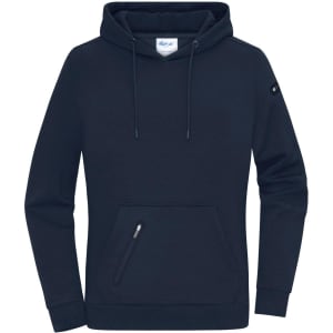 A navy hoodie with a front pocket and a small logo on the sleeve. Features a hood and drawstrings.