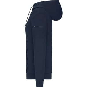 A navy ladies hoodie with a zipped pocket on the sleeve and a drawstring hood. It features a logo on the design.
