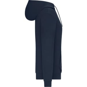 A navy blue ladies hoodie features an adjustable hood and long sleeves, with a logo on the front.