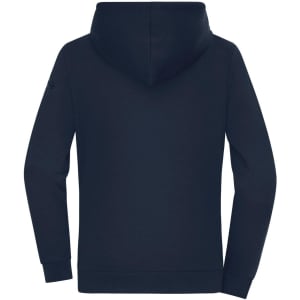 A navy ladies hoodie with a hood, featuring long sleeves and a fitted design. It has a branding logo on one sleeve.