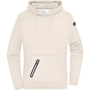 A beige ladies hoodie with a front pocket and a zip detail, featuring a logo on one sleeve.
