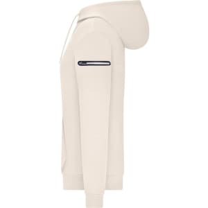 A ladies interlock hoodie in a light cream colour, featuring a side zip pocket and a hood. It also has a logo on the sleeve.