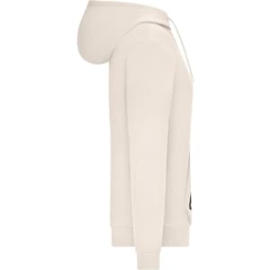 A beige ladies' hoodie featuring a classic design, with a hood and side view showcasing the fit. It has a logo.