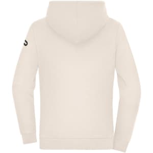 A cream-coloured ladies' hoodie featuring a hood and a logo on the sleeve.