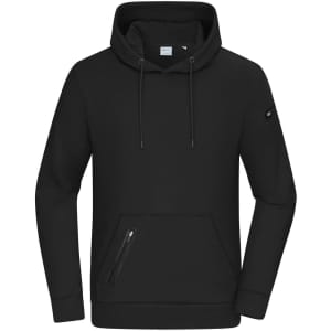 A black men's hoodie with a front pocket and a zippered side pocket, featuring a logo on one sleeve.