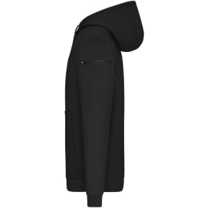 A black men's hoodie with a hood, featuring a side zip pocket and elastic cuffs.
