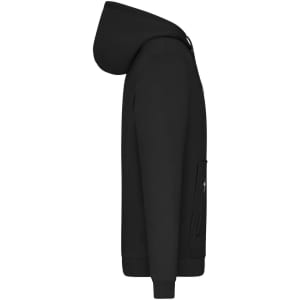 A black men's hoodie with a hood and a zipped pocket on the side. It features a smooth fabric finish and a minimalist design.