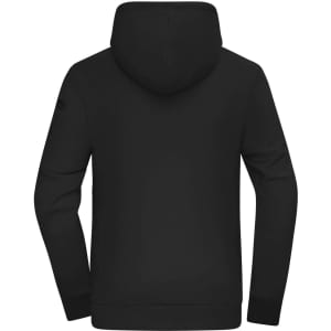 A black men's hoodie with a back view, featuring long sleeves and a hood. It has a branding logo on the sleeve.