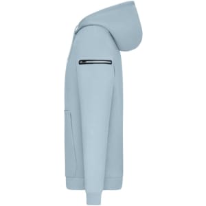 A light blue men's hoodie with a zippered pocket on the sleeve and a hood. It features a logo on the design.