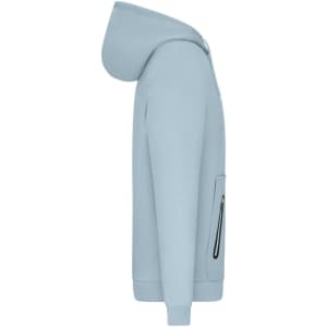 A light blue men's hoodie with a side view, featuring a front pocket and a hood. It has a logo on it.