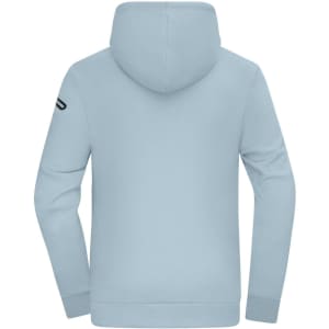 A light blue men's hoodie featuring a hood and long sleeves, with a logo on one arm.