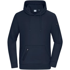 A navy interlock men's hoodie featuring a front pocket and a small logo on the sleeve.