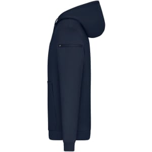 A men's navy hoodie with a zippered pocket and a side view showcasing the hood and overall design.