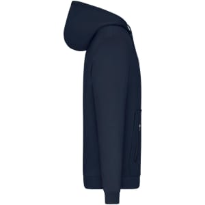 A navy blue men's hoodie with a zipper, featuring a pocket and a hood, shown from the side.