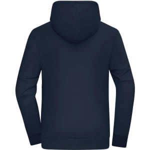A navy blue men's hoodie featuring a hood, with long sleeves and a simple design. It has a logo on one sleeve.
