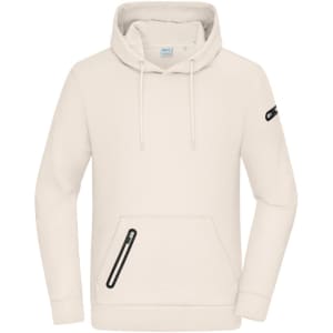 A men's interlock hoodie in cream with a front pocket and a logo on the sleeve.