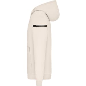A cream-coloured men's interlock hoodie featuring a hood and a zippered arm pocket. It has a logo as well.