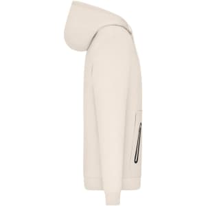 A beige interlock men's hoodie with a kangaroo pocket and a hood, featuring a branding logo.