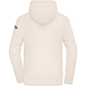 A men's interlock hoodie in cream colour with a hood and long sleeves, featuring a logo on one sleeve.
