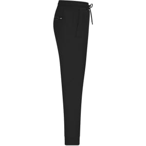 A pair of black interlock men's pants with a drawstring waist and side pocket, featuring a logo.