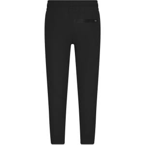 Black interlock pants with a tapered fit and a zippered back pocket. Features an elastic waist for comfort.