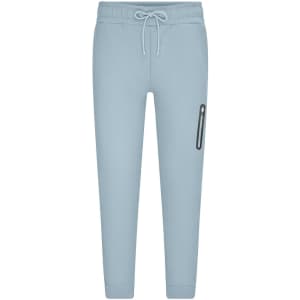 Light blue interlock mens pants with an elastic waistband and a zippered pocket on the side. Features a logo.