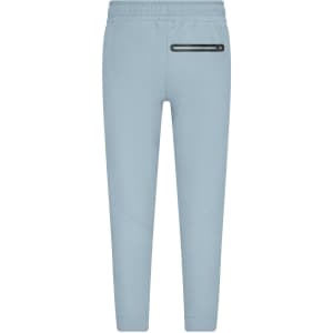Light blue interlock pants with an elastic waistband and a zippered pocket at the back. Features a logo detail.