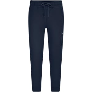 Navy interlock men's pants with an elastic waistband and a side zip pocket. Features a drawstring for adjustable fit.