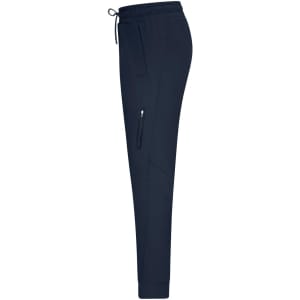 Navy interlock pants with a drawstring waist and a side zip pocket, designed for casual wear.