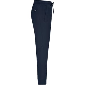 Navy interlock mens pants with a drawstring waistband and side pockets. Features a logo on the side.