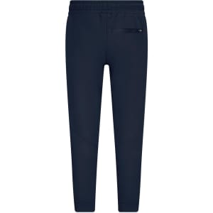 Navy interlock men's pants with an elastic waistband and a back pocket. Features a branding logo.
