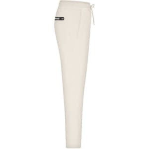 Cream-coloured interlock men's pants featuring a drawstring waist and a side pocket with a logo.