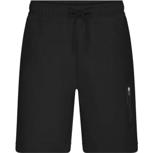 Black interlock sports shorts featuring an elastic waistband and a zip pocket. Includes a logo on the front.