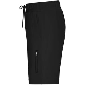 Black sports shorts with an elastic waistband and side zip pockets, featuring a logo on the left leg.