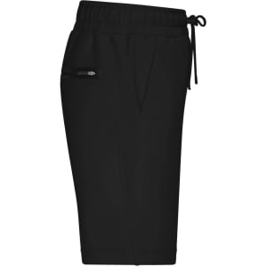 Men's sports shorts in black, featuring an elastic waistband, drawstring, and a side zipper pocket.