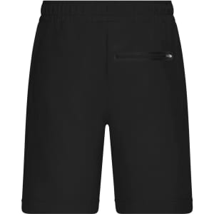 Black interlock sports shorts featuring an elastic waistband and a zippered pocket on the side.