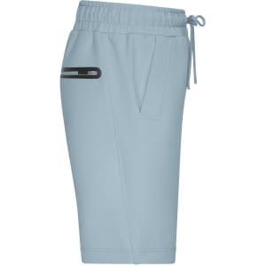 Light blue men's interlock sports shorts with an elastic waistband and a side pocket design, featuring a logo.