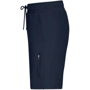 A pair of navy blue sports shorts with an elastic waistband and zippered side pocket, featuring a logo.