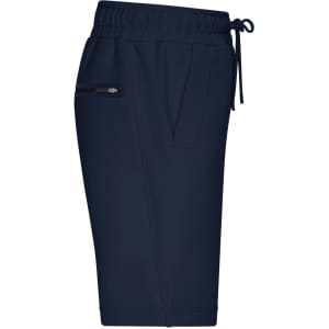 Mens interlock shorts in navy blue featuring an elastic waistband and side pockets, with a logo visible.