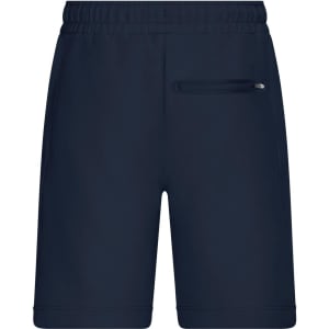 Navy blue men's sports shorts featuring an elastic waistband and a zippered pocket, with a logo on the side.