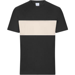 A colour-block T-shirt featuring a black base with a cream horizontal stripe across the chest. It includes a label logo.
