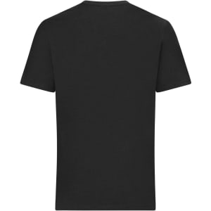 A black T-shirt featuring a simple design with short sleeves and a round neck. It has a logo on the back.