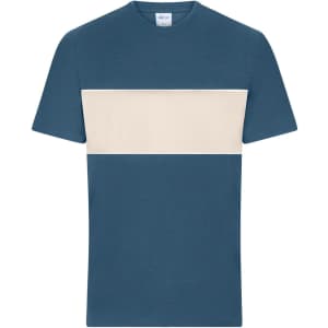 A colour-block T-shirt featuring a blue body with a cream horizontal stripe across the chest. It has a logo on the label.