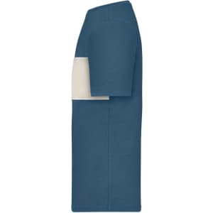 A blue and cream colour-block T-shirt displayed from the side, featuring a logo on the front.