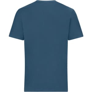 A blue colour-block T-shirt with a classic round neckline and short sleeves, featuring a logo.