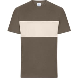 A colour-block T-shirt in olive green with a beige horizontal stripe across the chest. It has a logo on the label.