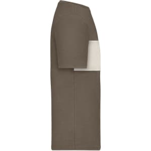 A colour-block T-shirt in brown and cream, featuring short sleeves and a simple design. It has a logo.