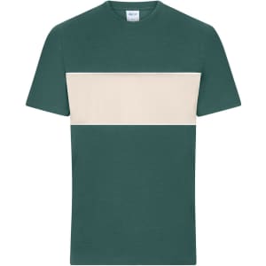 A green and beige colour-block T-shirt with a logo on the label. Short sleeves and a round neckline.