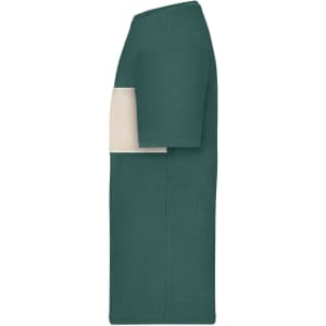 A colour-block T-shirt in teal and cream, featuring a short sleeve and a casual fit. It includes a logo.
